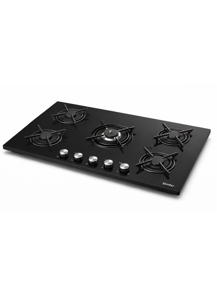 Simfer Built-In Gas Hob 90 cm Black Glass, 5 Sabaf Burners, Front Control Knobs, Round Cast Iron Pan Supports, Auto Ignition, Full Safety – Model BH90GG01 - Image 4